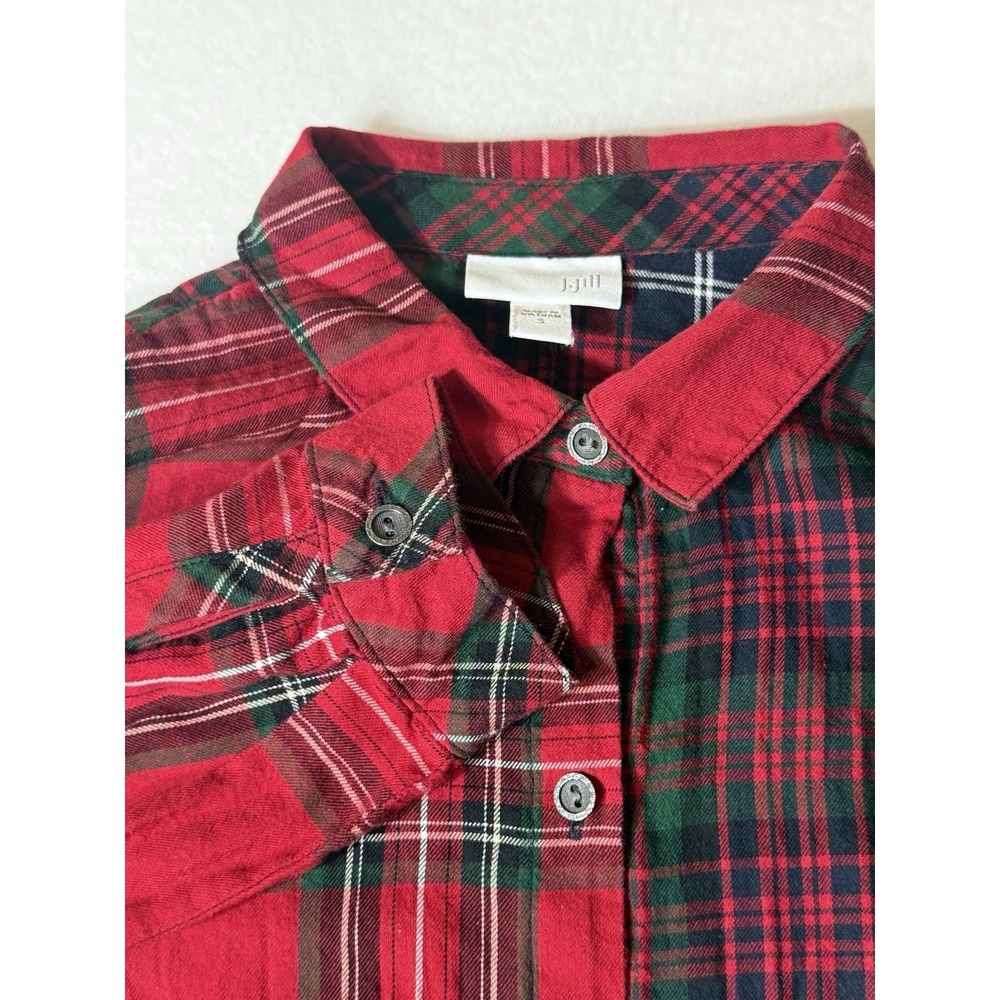 J. Jill Great True Red Multi Plaid Patchwork Tunic Top Button Down Size S